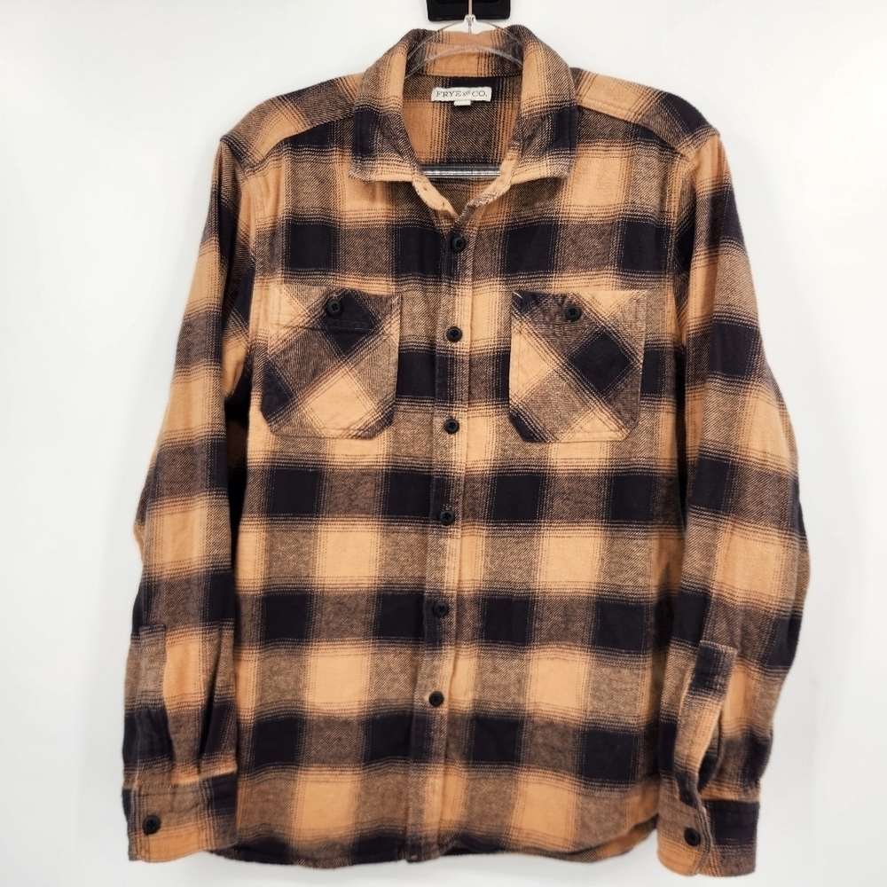 Frye & Co Mens Long Sleeve Button Front Shirt Size Large Tan Black Plaid Flannel